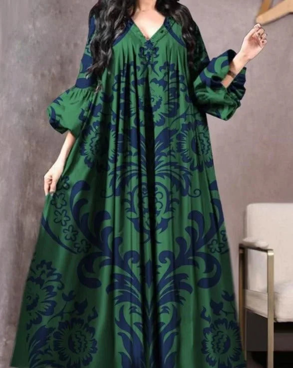 Vintage Printed Dress Women Breathable Loose Middle Eastern Robe
