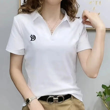 Load image into Gallery viewer, Women Short Sleeve New Summer V-neck Letter Pullover Knitted Tees