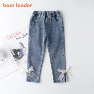 Girls Elegant Bow Denim Pants Sweet Bowknot Stretch Trousers