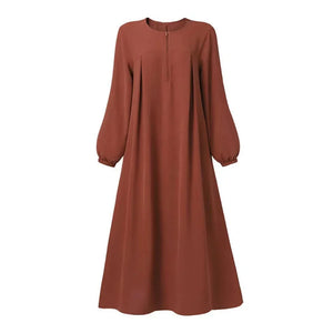 Solid Stretch Cuff Women Dress Zip-up Abayas