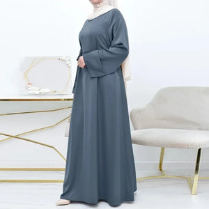 Muslim Dress Malay Simple Solid Women Abaya O-neck with Belt