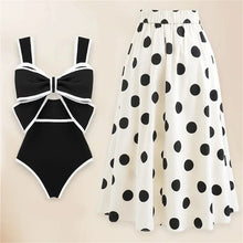 Load image into Gallery viewer, 2025 Black White Retro One Piece Swimsuit Women Bow Tie Swimwear with Skirt Sexy Bathing Suit Monokini Beach Bodysuit Beach Wear
