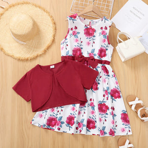Girl Floral Print Bowknot Design Sleeveless Dress and Cardigan Set